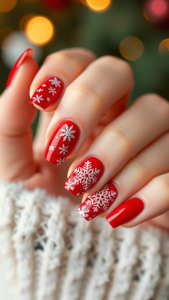Elegant Red Christmas Nail Art Elegant red Christmas nails with snowflake designs and glitter accents.